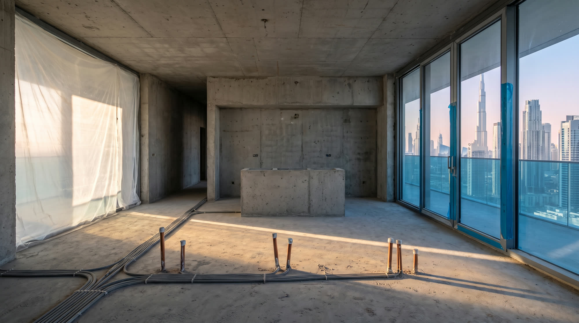 El mismo espacio en obra gris: losa de concreto, tuberías expuestas y plástico de protección